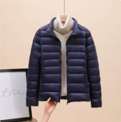 Womens Lightweight Padded Short Down Jacket - Navy Blue Stand Collar, L