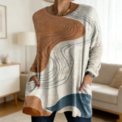 Khaki Blue Curve Paneled Round Neck Loose Pocket Long Sleeve Top - Photo Color, M