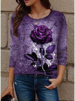 Womens Casual T Shirt With 3D Printed Crew Neck And Long Sleeves - WA28ZQ250325Y095, 2XL