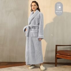 Autumn And Winter Thickened Cotton Velvet Nightgown Men's Winter Plus-sized Plus Size Light Luxury Couple Bathrobe Women's Extended Pajamas - 2102 Silver Gray Female, M