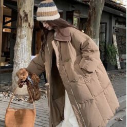 Womens Fashionable Knitted Long Cotton Coat With A Turn-Down Collar - Brown, 2XL