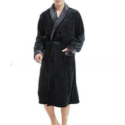 Men's Large Size Bathrobe Long Sleeve Nightgown - Lapel Black With Gray, M