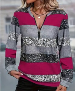 Womens FallWinter Crew-Neck Printed Loose-Fit Zip-Up Hoodie With Long Sleeves - NLW043459, L