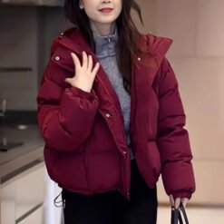 Winter Korean-style Cropped Hooded Cotton Jacket - Wine Red, L