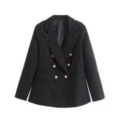 Womens 4-Color Textured Double-Breasted Midi Blazer - Black, L