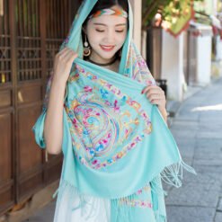 Embroidered Ethnic-Style Great Wall Cashew-Pattern Embroidery Cashmere Scarf - Blue, 200cm