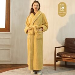 Autumn And Winter Thickened Cotton Velvet Nightgown Men's Winter Plus-sized Plus Size Light Luxury Couple Bathrobe Women's Extended Pajamas - 2102 Cherry Yellow Women, XL