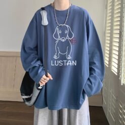 Cartoon Puppy Printed Long Sleeve T-shirt - Haze Blue, XL