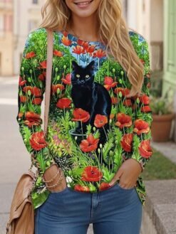 Womens Casual T Shirt With 3D Printed Crew Neck And Long Sleeves - WA28ZQ250325Y090, M