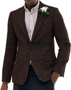 Mens Brown And Gray Herringbone Wool Suit Jacket - Coffee, 4XL