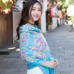 Embroidered Ethnic-Style Great Wall Cashew-Pattern Embroidery Cashmere Scarf - Hole Blue, 200cm