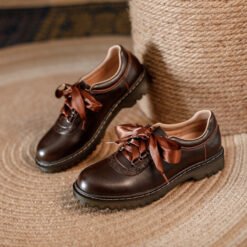 Womens Retro Silk Lace-Up Chunky-Heel Pumps - Brown, 40