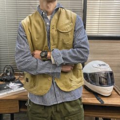 Mens Retro Short Casual Work Vest - Khaki, 2XL