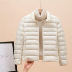 Womens Lightweight Padded Short Down Jacket - White Stand Collar, S