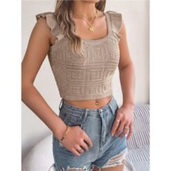 Sleeveless Knitted Crop Top With A Midriff-baring Design - Khaki, M