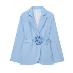Womens Loose-Fit Lace-Up Blazer With 3D Floral Embellishments - Light Blue, XS