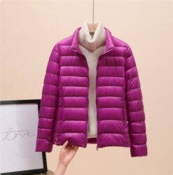 Womens Lightweight Padded Short Down Jacket - Purple Stand Collar, 4XL