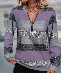 Womens FallWinter Crew-Neck Printed Loose-Fit Zip-Up Hoodie With Long Sleeves - NLW04349, XL