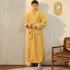Autumn And Winter Thickened Cotton Velvet Nightgown Men's Winter Plus-sized Plus Size Light Luxury Couple Bathrobe Women's Extended Pajamas - 2102 Cherry Yellow Male, XXXL