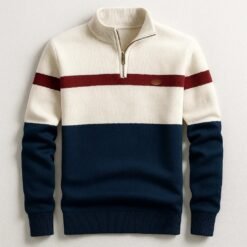 Business Stand-collar Knitwear Half-zip Long-sleeve T-shirt Color-block Pullover Sweaterpremium Quality - White, 3XL