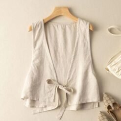 Versatile Ethnic-Style Cotton-Linen Solid-Color Lace-Up Vest Top For Women - Apricot, M