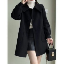 Womens Stylish Casual Doll-Neck Wool Coat - Black, 2XL