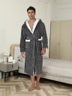Thick Night-robe Flannel Men's Long Hooded Lace Bathrobe - Dark Gray, XL