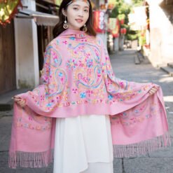 Embroidered Ethnic-Style Great Wall Cashew-Pattern Embroidery Cashmere Scarf - Pink, 200cm