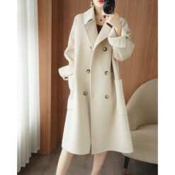 Long Below-the-Knee Double-Breasted Wool Coat In Korean Style - Beige, XL