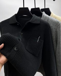 Casual Solid-Color Pocket Lapel Knit Sweater Coat - Black, XL