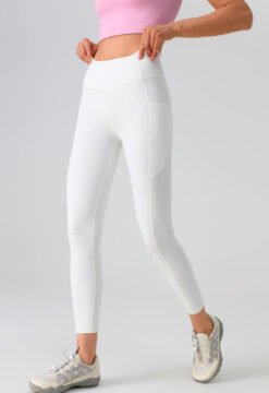 Mesh Side-pocket Stretchy Athletic Leggings - Milky White, 3XL