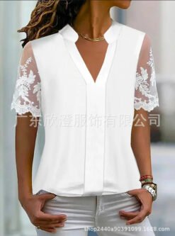Womens Casual White V-Neck Lace Short-Sleeve Top - White, L