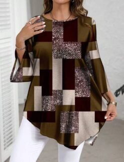 Relaxed, Casual Top With An Asymmetrical Hem - Dark Brown, 1XL