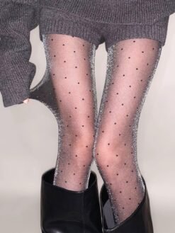 Polka-dot Black Silk Stockings With Shimmering Pearly Silver Thread - Black, Free Size