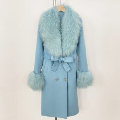 Long Double-faced Wool Coat With A Shearling Collar - Light Blue, S