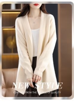 Womens Stylish Loose-fitting Mid-length Knit Cardigan - Beige, Free Size