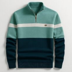 Business Stand-collar Knitwear Half-zip Long-sleeve T-shirt Color-block Pullover Sweaterpremium Quality - Green, S