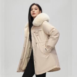 Alternative view of Mid-length Versatile Cotton Coat That Hits Below The Knee With A Fur-trimmed Collar