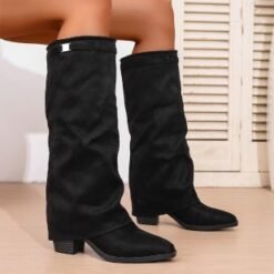 Autumn Chunky-Heel Plus-Size British-Style Over-the-Knee Boots - Black Cloth Surface, 41
