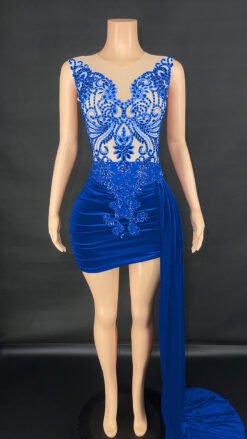Summer Luxury Evening Dress Female Singer Stage Costume Senior Dress Side Trailing Skirt - Blue, S