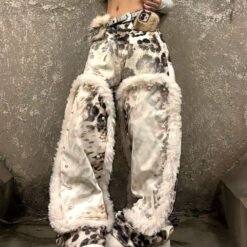Womens American-Style Retro Leopard-Print Plush-Patchwork Denim Jeans