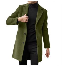 Mens Mid-length Long-sleeve Wool Coat Autumnwinter Wool Outerwear - Army Green, 5XL