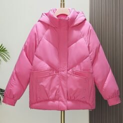 Womens Loose Padded Short Hooded Bread-Style Cotton Jacket - Pink, L