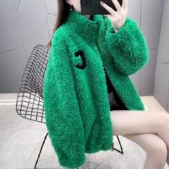 Womens Double Sided Short Shearling Coat - Green, XL