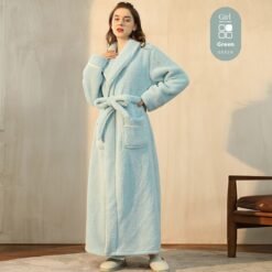 Autumn And Winter Thickened Cotton Velvet Nightgown Men's Winter Plus-sized Plus Size Light Luxury Couple Bathrobe Women's Extended Pajamas - 2102 Young Green Female, XL