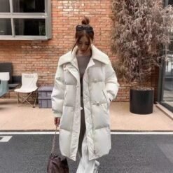 Womens Fashionable Knitted Long Cotton Coat With A Turn-Down Collar - White, XL