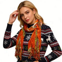 Alternative view of Orange Red Printed Viscose Scarf - Lightweight Dress Scarf 69inchx20inch