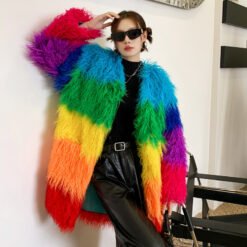 Contrast-color Plush Patchwork Coat Winter Lambswool Coat - Rainbow Color, Average Size