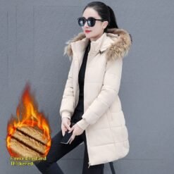 Detachable Hooded Mid-Length Padded Coat With A Big Fur Collar - Beige, 3XL