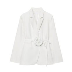 Womens Loose-Fit Lace-Up Blazer With 3D Floral Embellishments - Milky White, XS